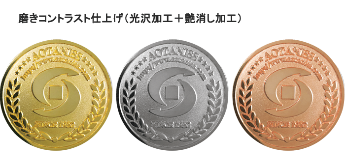 メダル・コイン 磨きコントラスト仕上げ（磨き加工＋艶消し加工） 金、銀、銅